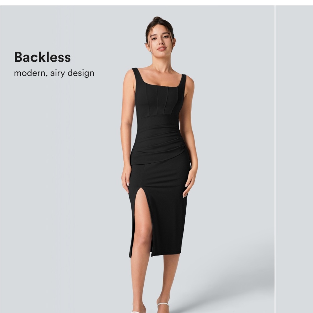 Softlyzero Airy Square Neck Backless Corset Split MIDI Bodycon Dress NWT